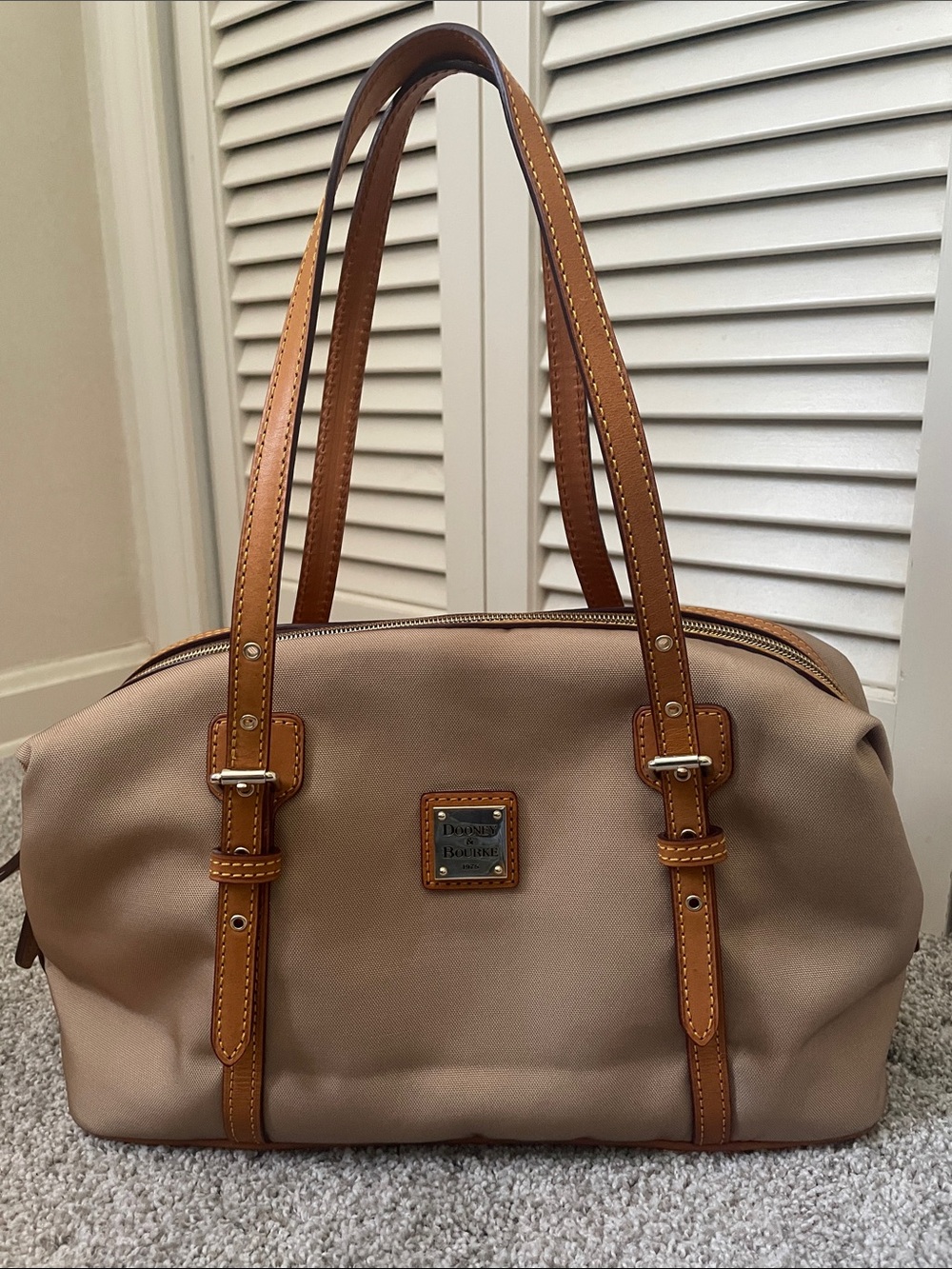 Dooney & Bourke Rectangular Duffle Satchel Beige Shoulder Bag w/ Leather Trim